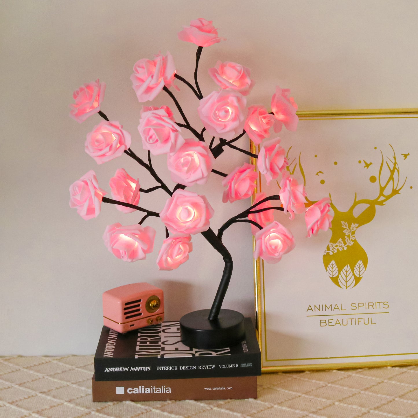 24 LED Rose Flower Tree Table Lamp - White and Pink Flower