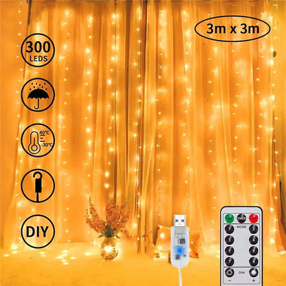 3x3 Curtain String Fairy Light 300 LEDs, USB Plug Remote Control 8 Mode, LED Garland Light For Room Decoration String Lights, Wedding Decoration Light Holiday Decor