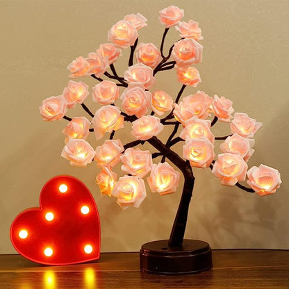 24 LED Rose Flower Tree Table Lamp - White and Pink Flower