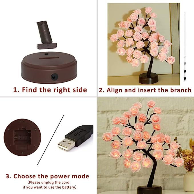 24 LED Rose Flower Tree Table Lamp - White and Pink Flower