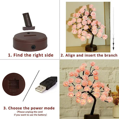 24 LED Rose Flower Tree Table Lamp - White and Pink Flower