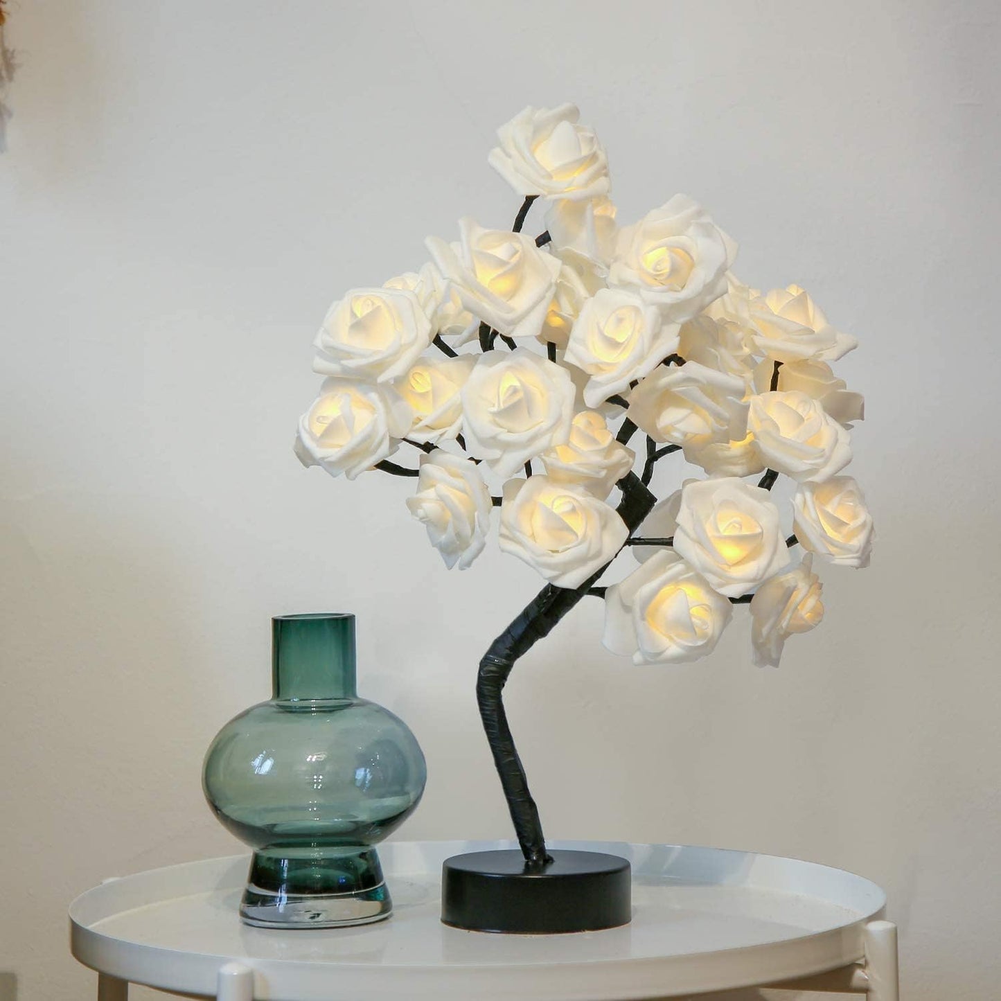 24 LED Rose Flower Tree Table Lamp - White and Pink Flower