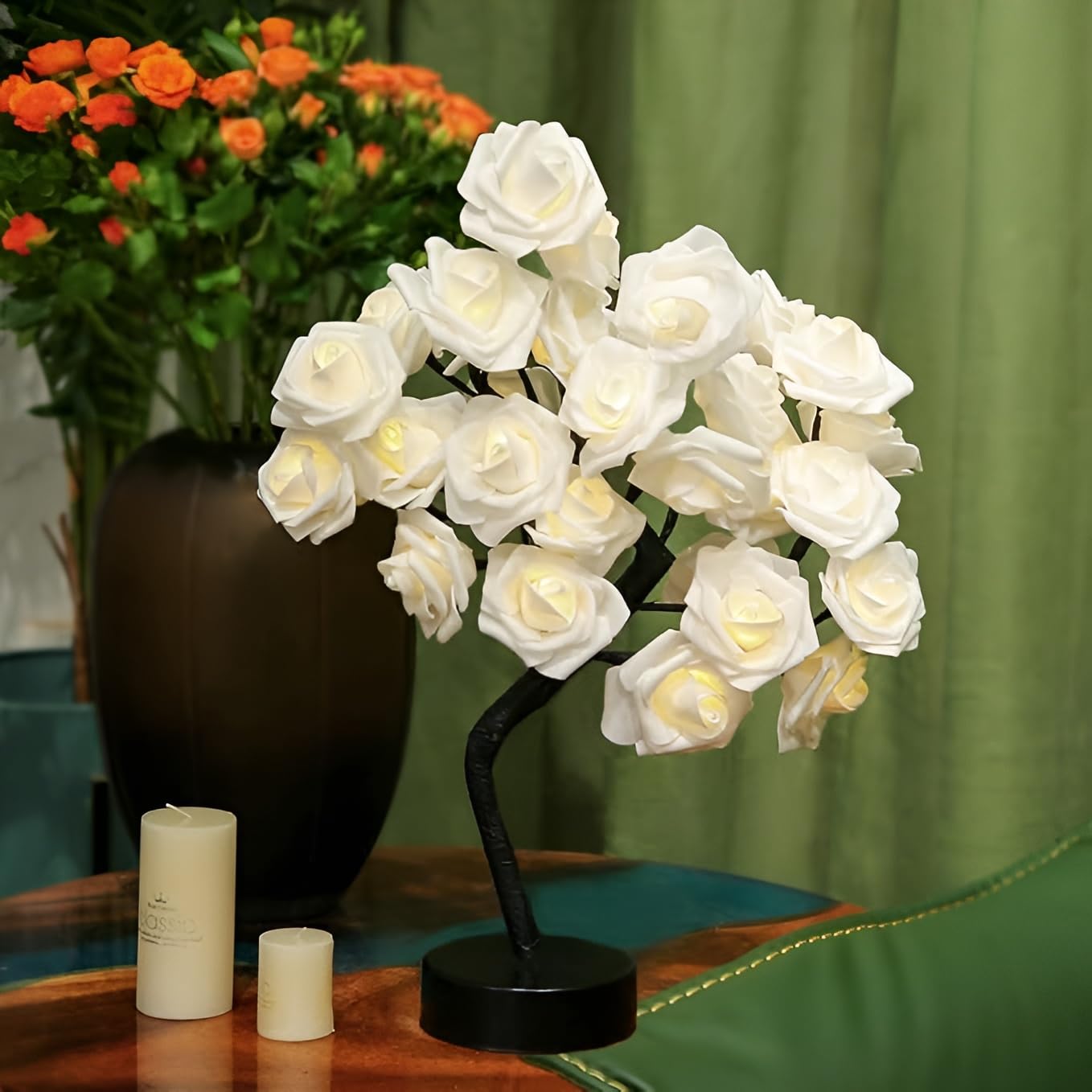 24 LED Rose Flower Tree Table Lamp - White and Pink Flower