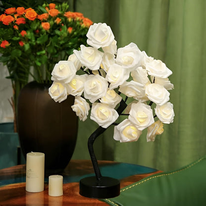 24 LED Rose Flower Tree Table Lamp - White and Pink Flower