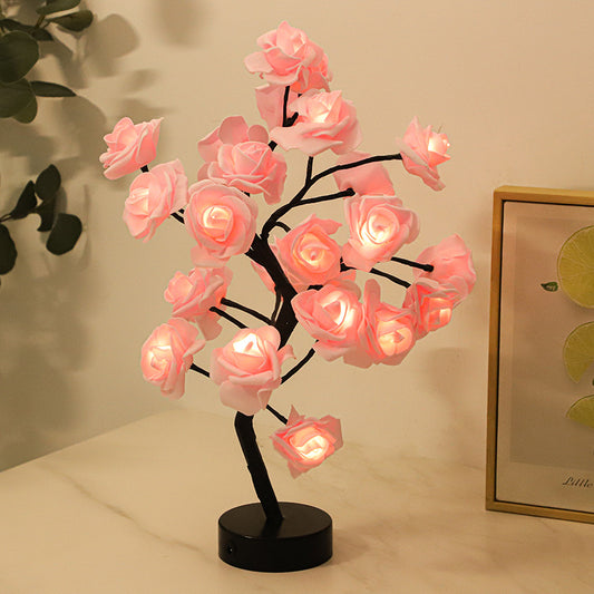 24 LED Rose Flower Tree Table Lamp - White and Pink Flower