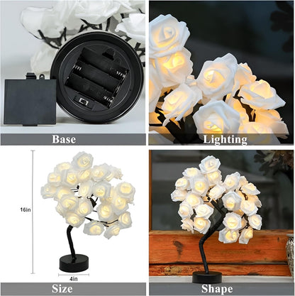 24 LED Rose Flower Tree Table Lamp - White and Pink Flower