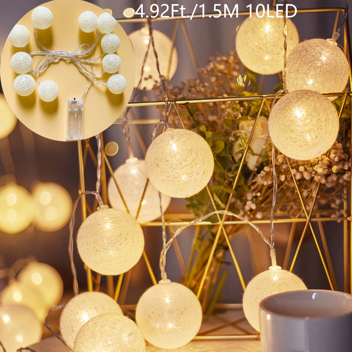10 Cotton Thread Ball LED String Fairy Lights Battery Operated