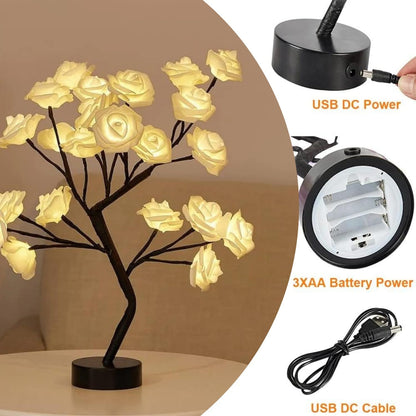 24 LED Rose Flower Tree Table Lamp - White and Pink Flower