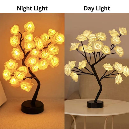 24 LED Rose Flower Tree Table Lamp - White and Pink Flower