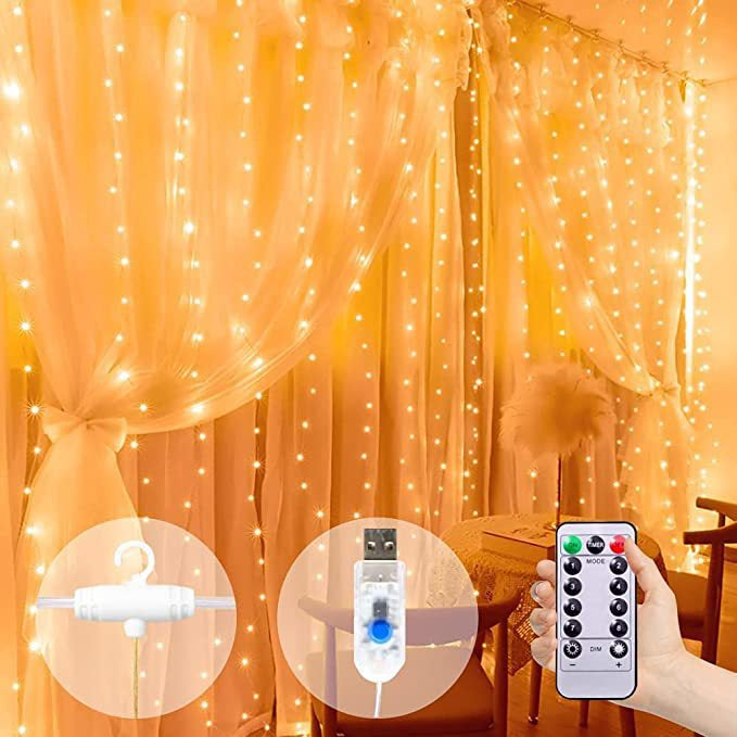 3x3 Curtain String Fairy Light 300 LEDs, USB Plug Remote Control 8 Mode, LED Garland Light For Room Decoration String Lights, Wedding Decoration Light Holiday Decor